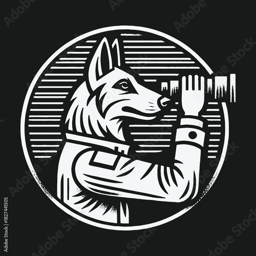 Monochrome emblem of an anthropomorphic wolf explorer looking through a telescope.