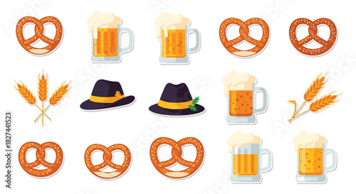 Traditional collection of Oktoberfest stickers featuring mugs of beer, salty pretzels, Bavarian hats, and ears of wheat.