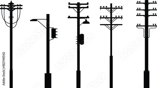 Collection of Black Silhouettes of Utility Poles with Wires and Fixtures power pole electricity pole