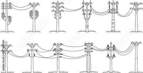 Collection of Hand Drawn Utility Poles with Transformers and Wires power line electricity