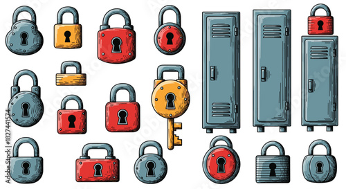 Hand-drawn collection of colorful padlocks, a master key, and metal lockers in a charming, vintage sketch style.