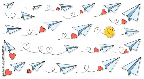 Whimsical collection of hand-drawn paper airplanes leaving dotted heart-shaped trails, symbolizing love and travel.
