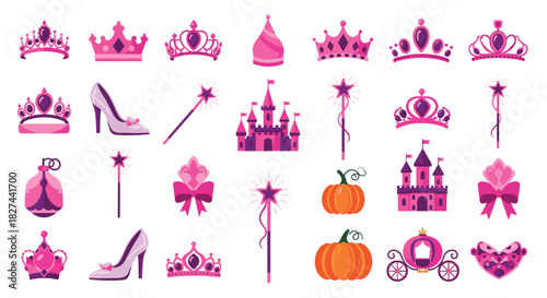 Magical collection of pink princess icons, including sparkling tiaras, a castle, glass slippers, and a pumpkin carriage.