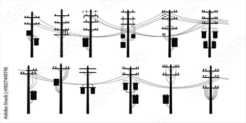 Collection of black silhouette utility poles with transformers and wires power line electricity