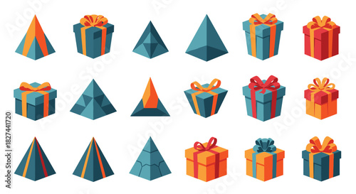 Modern collection of isometric gift boxes in various shapes, including cubes and pyramids, with colorful bows and wrapping.