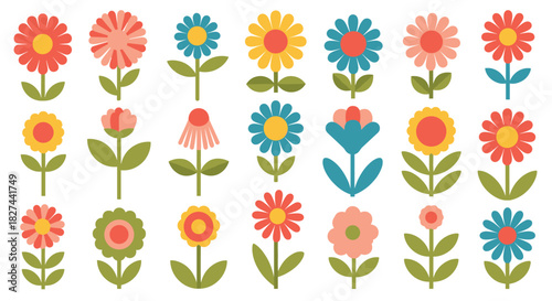 Retro collection of simple, stylized flowers in a charming 1970s color palette, perfect for groovy and cheerful designs.