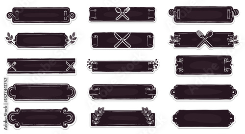 Rustic collection of black chalkboard-style banners and labels with chalk outlines, perfect for menus and announcements.