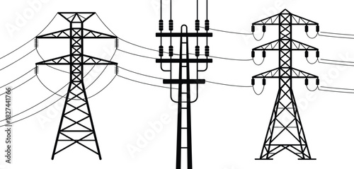 Three black and white power line towers with cables against white background electricity