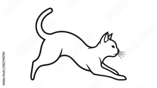 Minimalist vector illustration of a leaping cat simple line art design isolated on white background