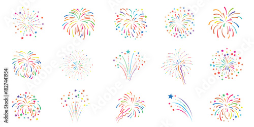 Bright celebration fireworks set, colorful explosive icons for party designs