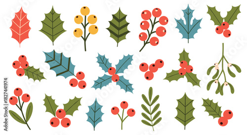Festive collection of Christmas holly leaves, red berries, and mistletoe branches for holiday-themed decorations and designs.