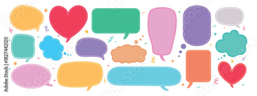 Collection of vibrant cartoon speech bubbles in different shapes and colors, ideal for kids designs, party invites, comics, and social media. Includes hearts, clouds, and text space elements.