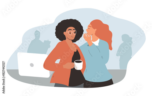 A flat style vector illustration of two women gossiping at work