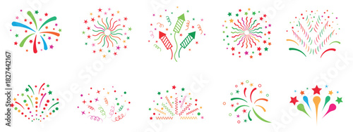 Vibrant festive icons with colorful fireworks, confetti, balloons and party elements