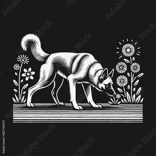 Monochrome woodcut illustration of a dog sniffing flowers.
