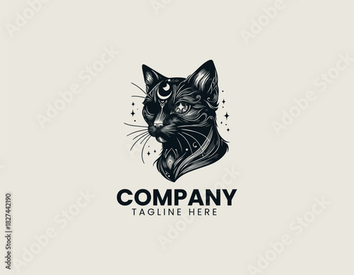 Mystical One-eyed Cat black vector logo illustration
