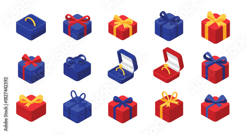 Romantic collection of isometric jewelry boxes in red and blue, some open to reveal a gold engagement ring.