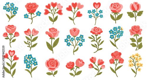Beautiful collection of romantic flowers like roses and forget-me-nots in a lovely flat style, perfect for Valentine's Day cards and wedding designs.