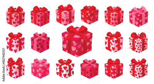 Isometric collection of Valentine's Day gift boxes decorated with heart patterns and festive red and pink ribbons, perfect for romantic holiday greeting cards.