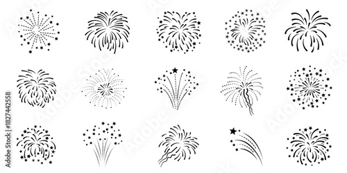 Fireworks silhouette icon set, unique black burst design collection