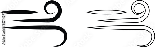 Black Wind Breeze Swirl Icon Set Collection Group in Flat Line Style, Air Flow Symbol Pack with Abstract Curved Gust Shapes, Minimal Outline Weather Elements and Motion Lines Vector Illustration