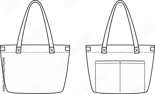 CAD drawing flat vector illustration of tote bag front and back view, reinforced straps, back pockets, plain front, fashion accessory design