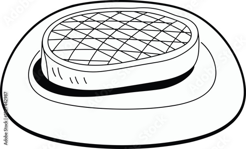 Black and white grilled steak illustration on oval plate, crisscross sear pattern line drawing, culinary food sketch, cooking nutrition artwork concept