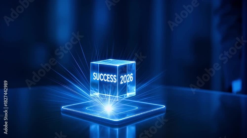 Success 2026 glowing glass cube hologram above tablet with blue light glow, success cube glowing above touchscreen device conveying futuristic achievement and ambition, holographic cube projection