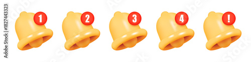 3D Notification Bell Icons with Alert Badges – Golden Reminder and Alarm Bell Set for Social Media, Subscribe Alerts, Message Counters and Warning Indicators Vector Illustration