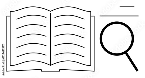 Open book with text lines paired with a magnifying glass, emphasizing focus on reading, analysis, and knowledge. Ideal for education, research, study, learning, investigation literature discovery