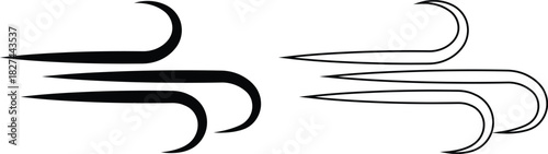 Black Wind Breeze Swirl Icon Set Collection Group in Flat Line Style, Air Flow Symbol Pack with Abstract Curved Gust Shapes, Minimal Outline Weather Elements and Motion Lines Vector Illustration