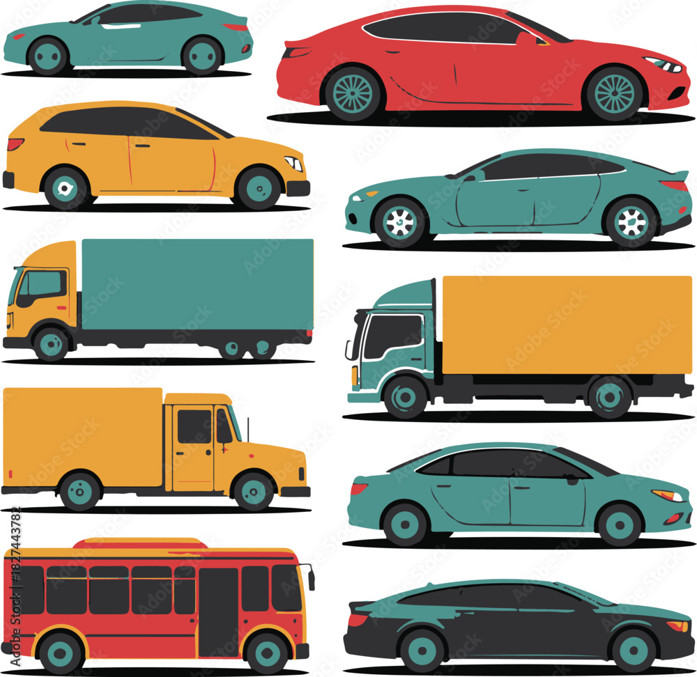 Fototapeta premium colorful cars trucks buses vector set