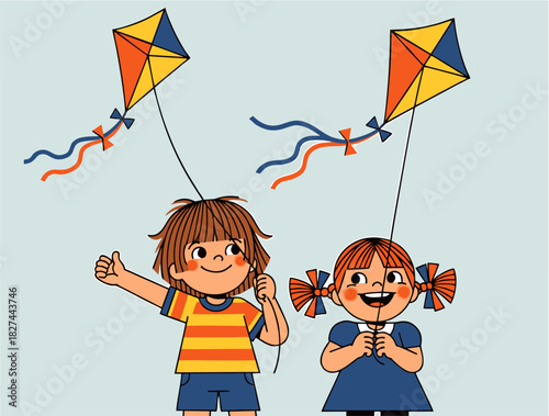 Children flying kites on a sunny day illustration