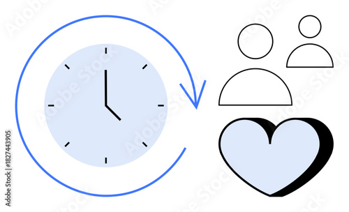 Clock encircled by an arrow, user figures, and heart highlighting time, relationships, and empathy. Ideal for time management, teamwork, social care, compassion productivity wellness and emotional