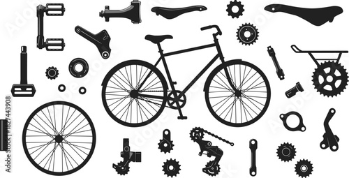 Bicycle parts silhouette collection, bike components illustration, cycling design, repair and mechanics artwork, transportation concept set