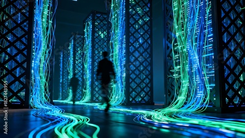 Generative AI data pathways illuminated by vibrant digital streams.