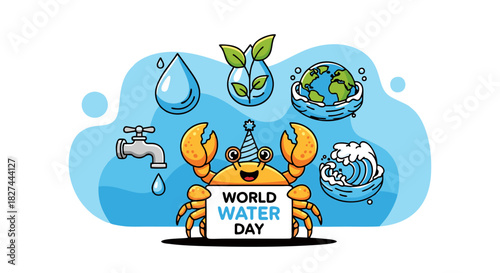 A cheerful cartoon crab character celebrating an environmental holiday with a collection of water conservation icons like a drop, plant, and faucet