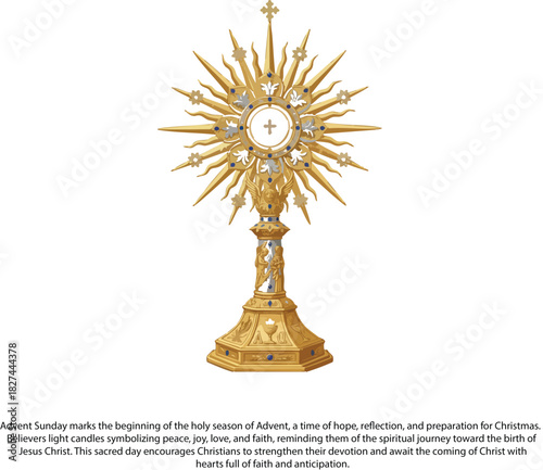 Golden monstrance with radiant rays and Advent Sunday caption in ornate religious vector illustration