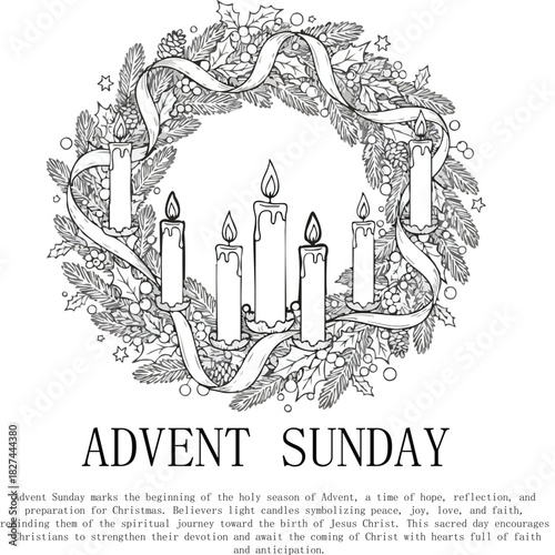 Advent Sunday wreath with five lit candles, holly, berries, ribbon, and caption vector illustration