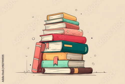 A colorful stack of illustrated books drawn in a soft pastel doodle style, creating a charming and minimal education concept