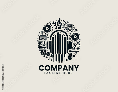 Modern Musicpedia icon featuring abstract sound waves and book elements in a clean black vector logo illustration