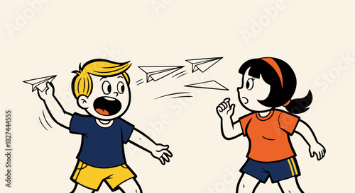 Paper Airplane Adventure Cartoon Kids Playing with Origami Gliders in a Fun, Animated Scene