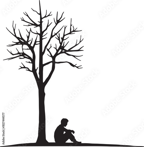 Lonely Boy Sitting Under a Tree Black and White Vector Illustration