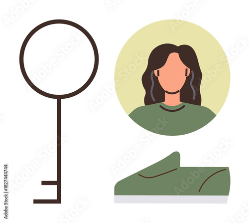 Key, woman s portrait, and sneaker icon representing themes of personal identity, security, creativity, travel, self-expression, lifestyle and individuality. Ideal for simple flat metaphor