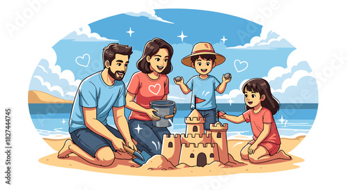 Family Fun Building Sandcastles Together at the Beach Under a Sunny Sky