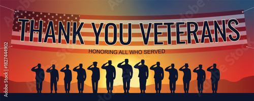 Veterans day poster. Happy Veteran's day illustration Silhouette of Saluting Soldiers with American Flag, Vector illustration