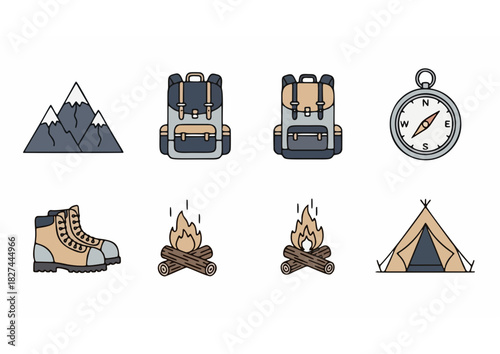 Camping and hiking equipment icons backpacks boots mountains compass tent