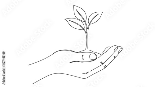 Elegant one continuous line art illustration of a human hand gently cradling a young plant sprout, a minimalist design symbolizing growth, nature, and the environment