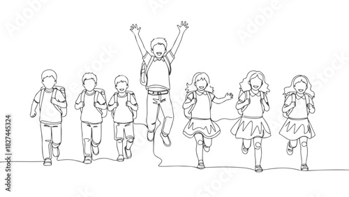 Continuous line art one line drawing of happy children running to school