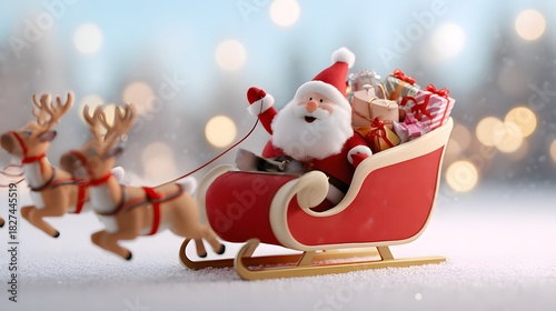Cute 3D Santa riding a sleigh pulled by reindeer with gifts in a snowy festive scene